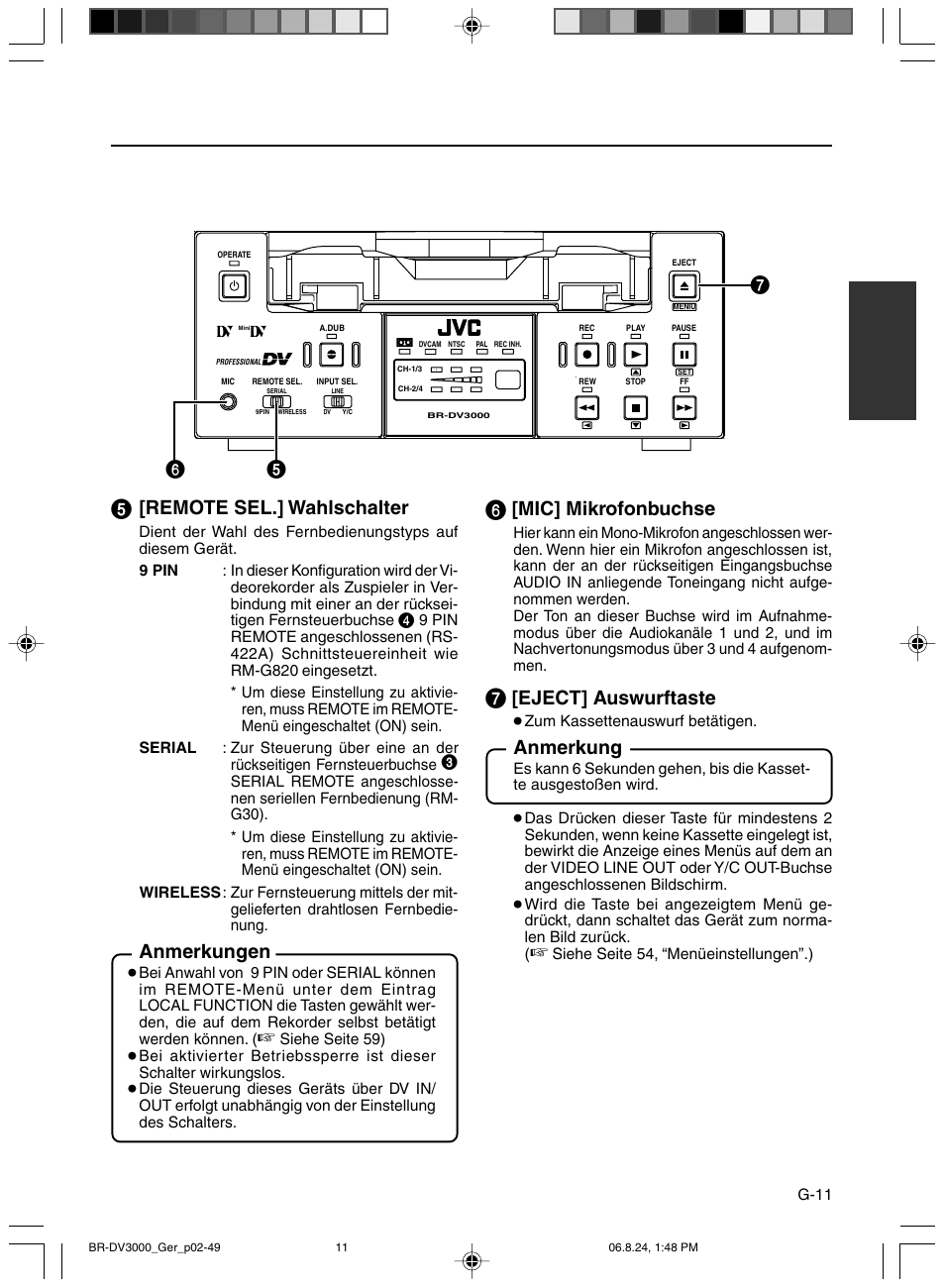 Remote sel.] wahlschalter, Anmerkungen, Mic] mikrofonbuchse | Eject] auswurftaste, Anmerkung | JVC BR-DV600AE User Manual | Page 82 / 356
