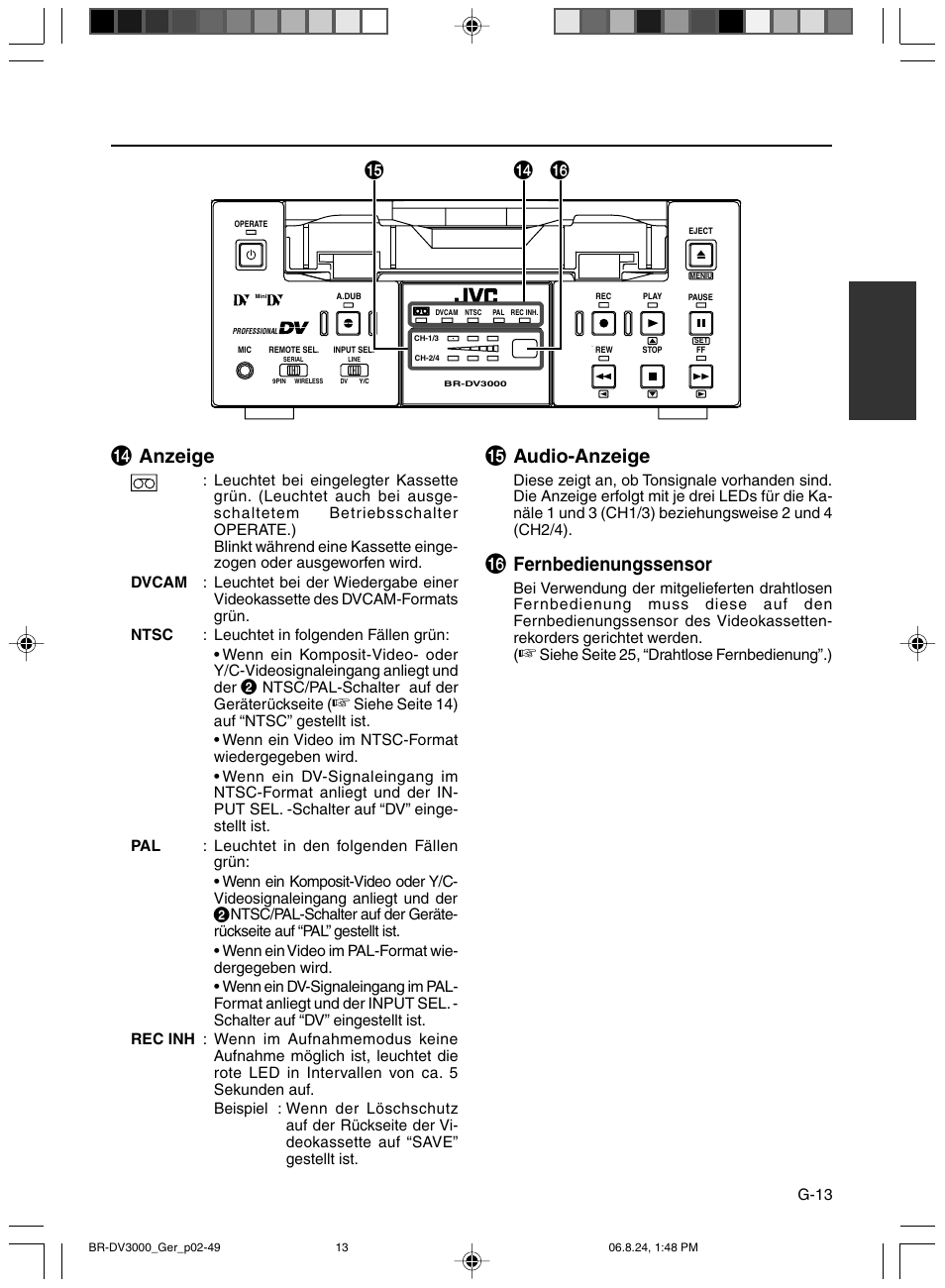 Anzeige, Audio-anzeige, Fernbedienungssensor | JVC BR-DV600AE User Manual | Page 84 / 356