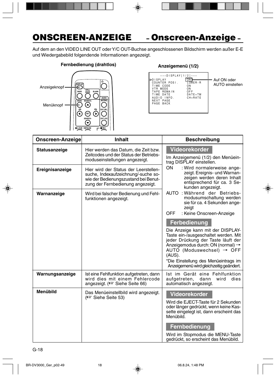 Onscreen-anzeige, Videorekorder, Ferbedienung | Fernbedienung, Onscreen-anzeige inhalt beschreibung | JVC BR-DV600AE User Manual | Page 89 / 356