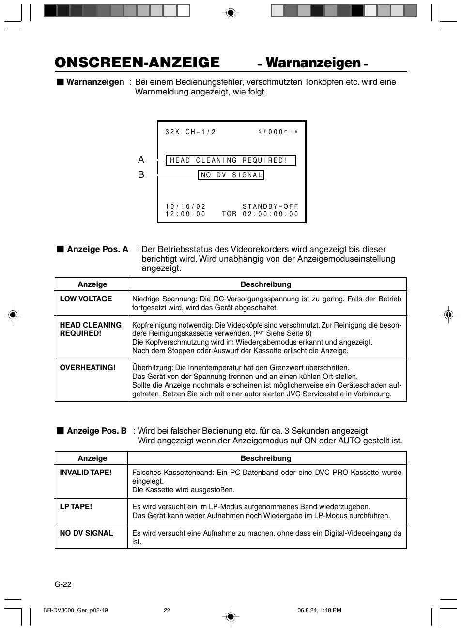 Warnanzeigen, Onscreen-anzeige | JVC BR-DV600AE User Manual | Page 93 / 356