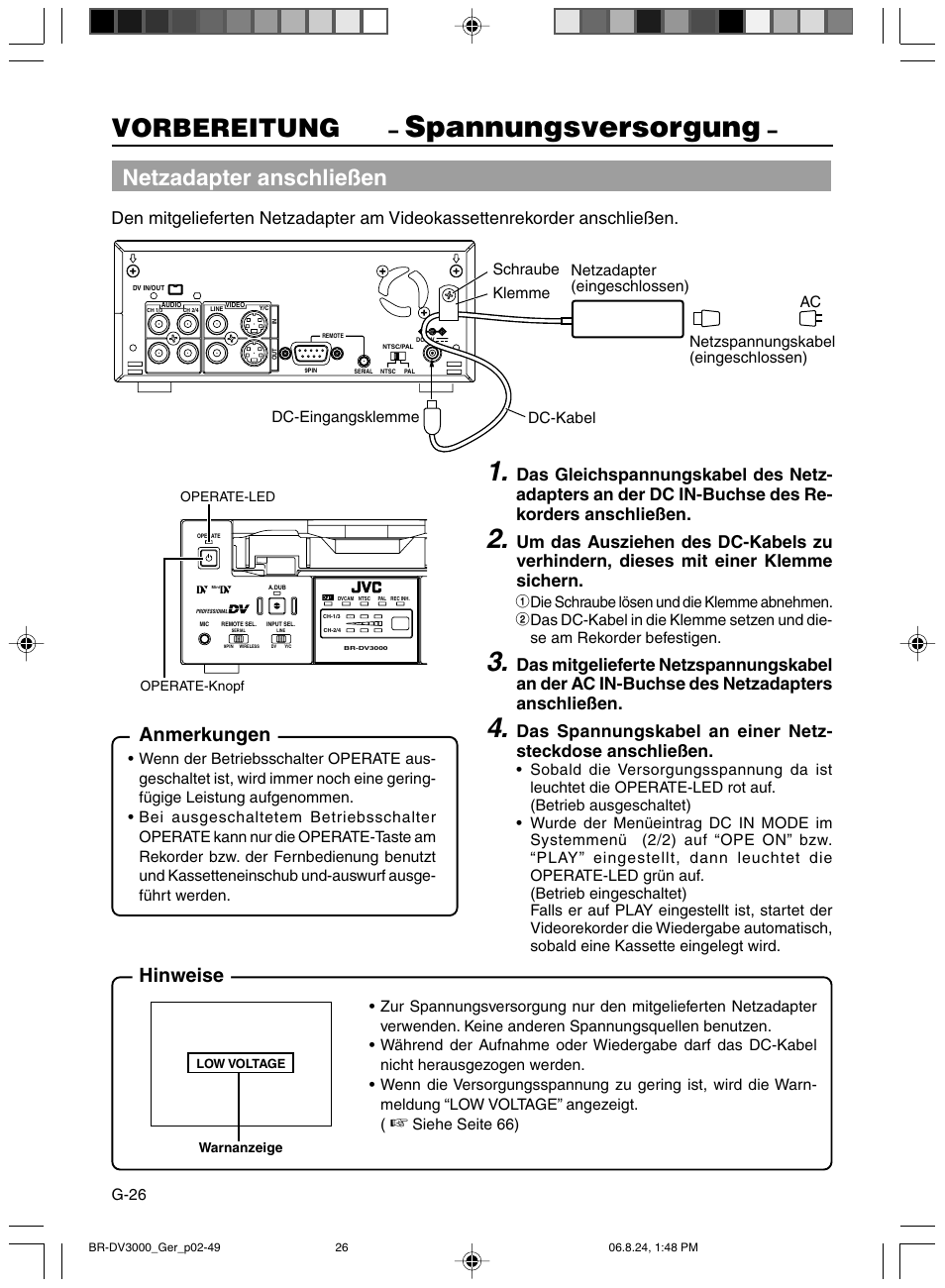 Spannungsversorgung, Vorbereitung, Netzadapter anschließen | Anmerkungen, Hinweise | JVC BR-DV600AE User Manual | Page 97 / 356