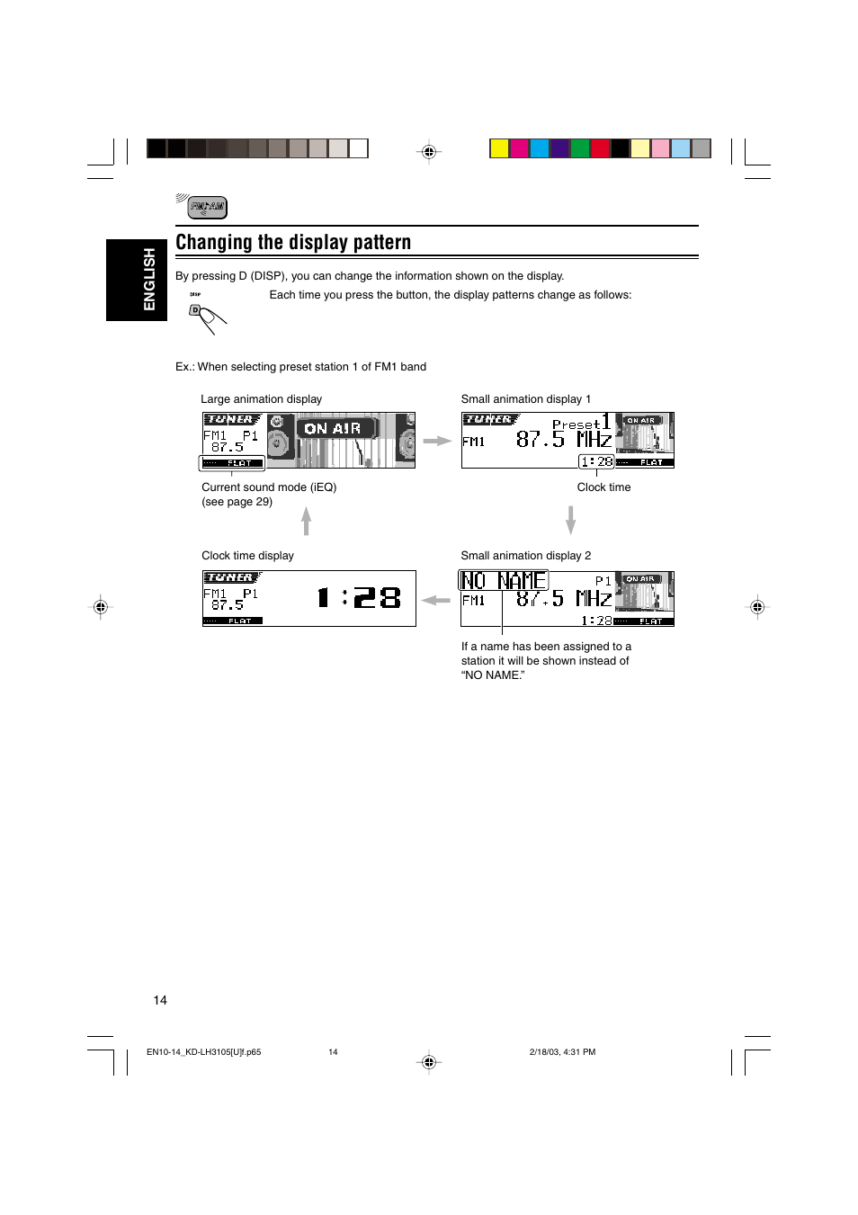 Changing the display pattern, English | JVC KD-LH3105 User Manual | Page 14 / 65