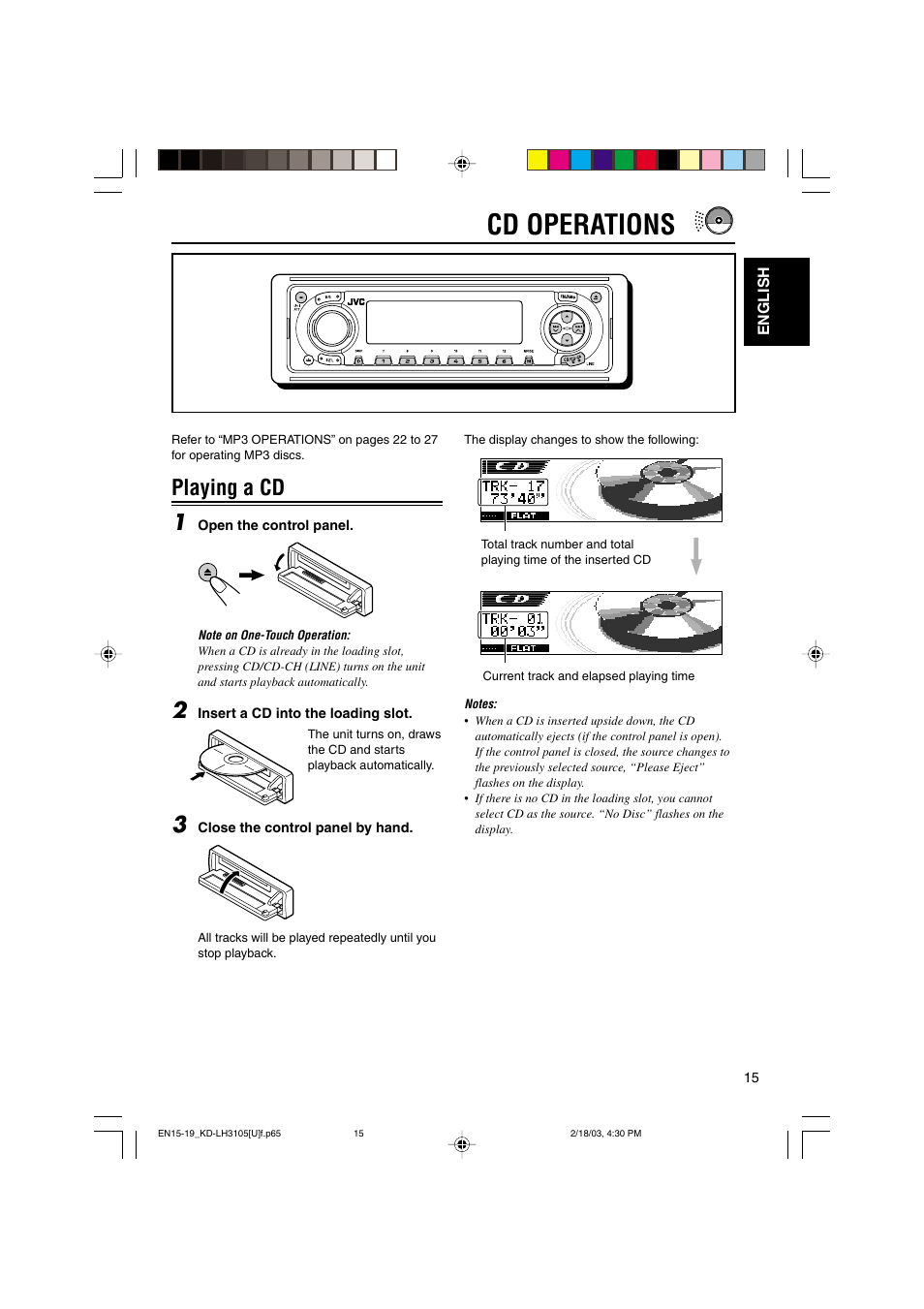 English cd operations, Cd operations, Playing a cd 1 | JVC KD-LH3105 User Manual | Page 15 / 65