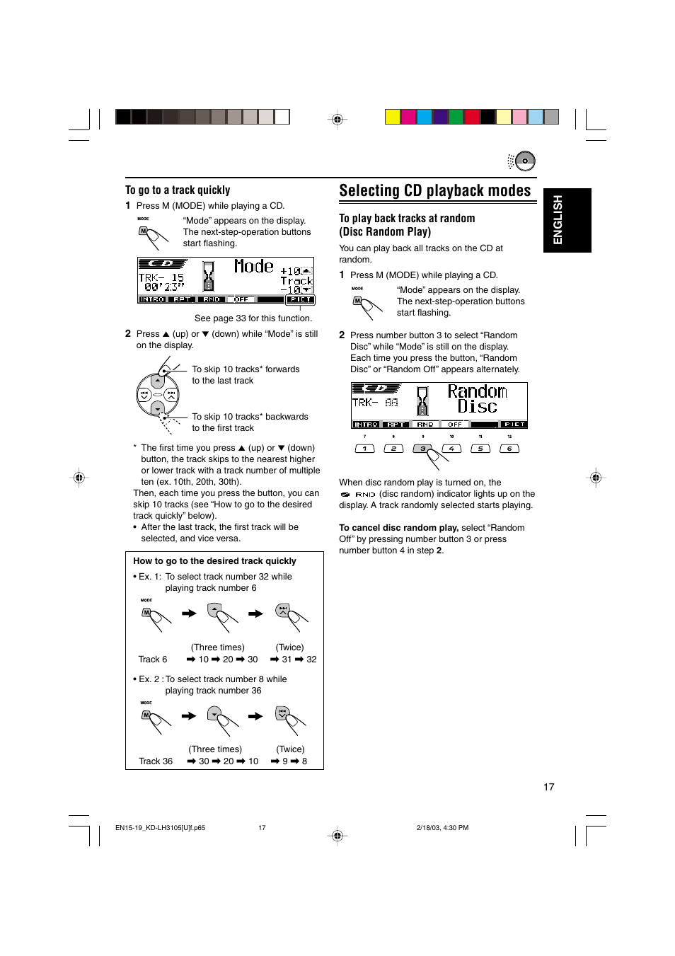 Selecting cd playback modes, English | JVC KD-LH3105 User Manual | Page 17 / 65