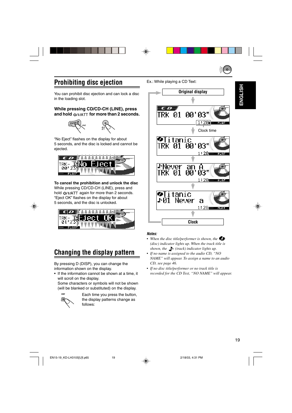 Prohibiting disc ejection, Changing the display pattern | JVC KD-LH3105 User Manual | Page 19 / 65