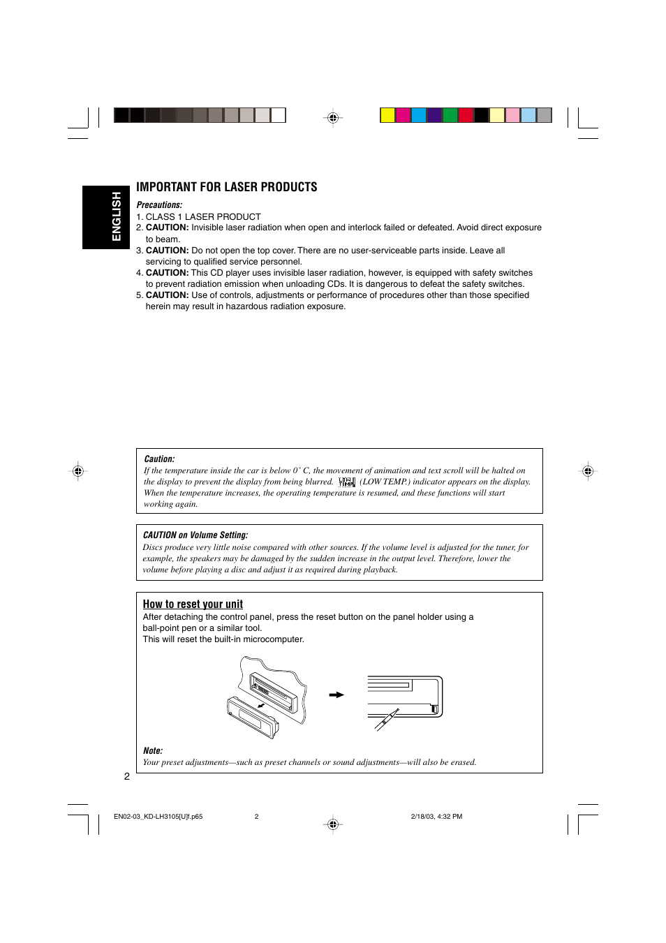 Important for laser products, English how to reset your unit | JVC KD-LH3105 User Manual | Page 2 / 65
