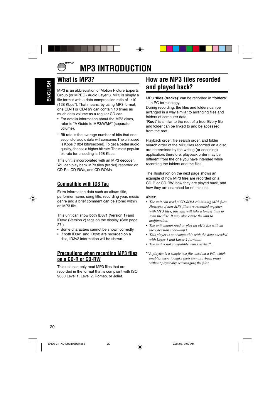 Mp3 introduction, How are mp3 files recorded and played back, What is mp3 | Compatible with id3 tag | JVC KD-LH3105 User Manual | Page 20 / 65