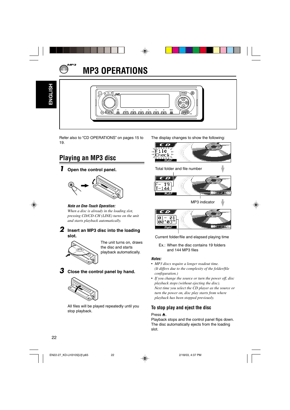 Mp3 operations, Playing an mp3 disc 1 | JVC KD-LH3105 User Manual | Page 22 / 65