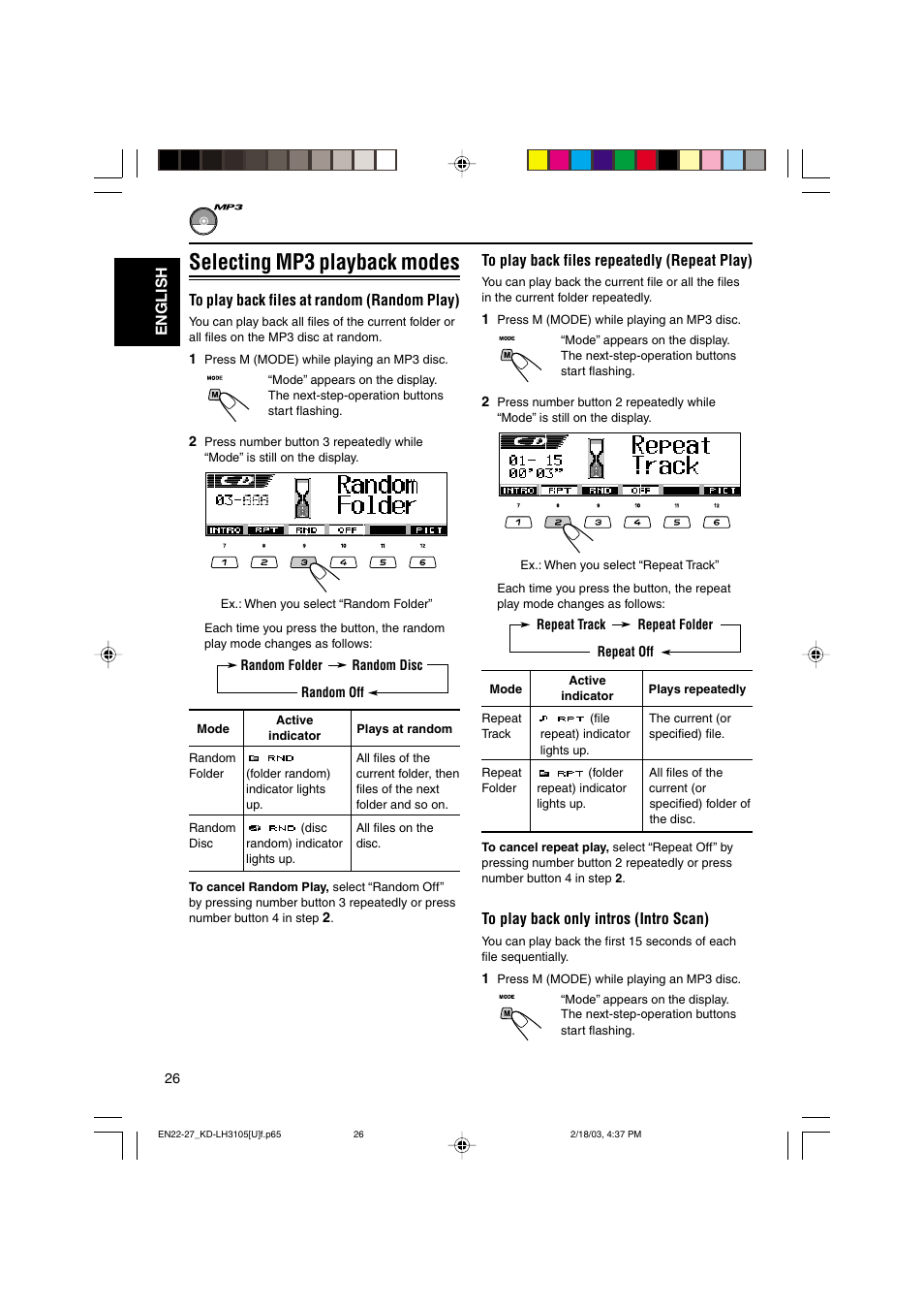Selecting mp3 playback modes | JVC KD-LH3105 User Manual | Page 26 / 65