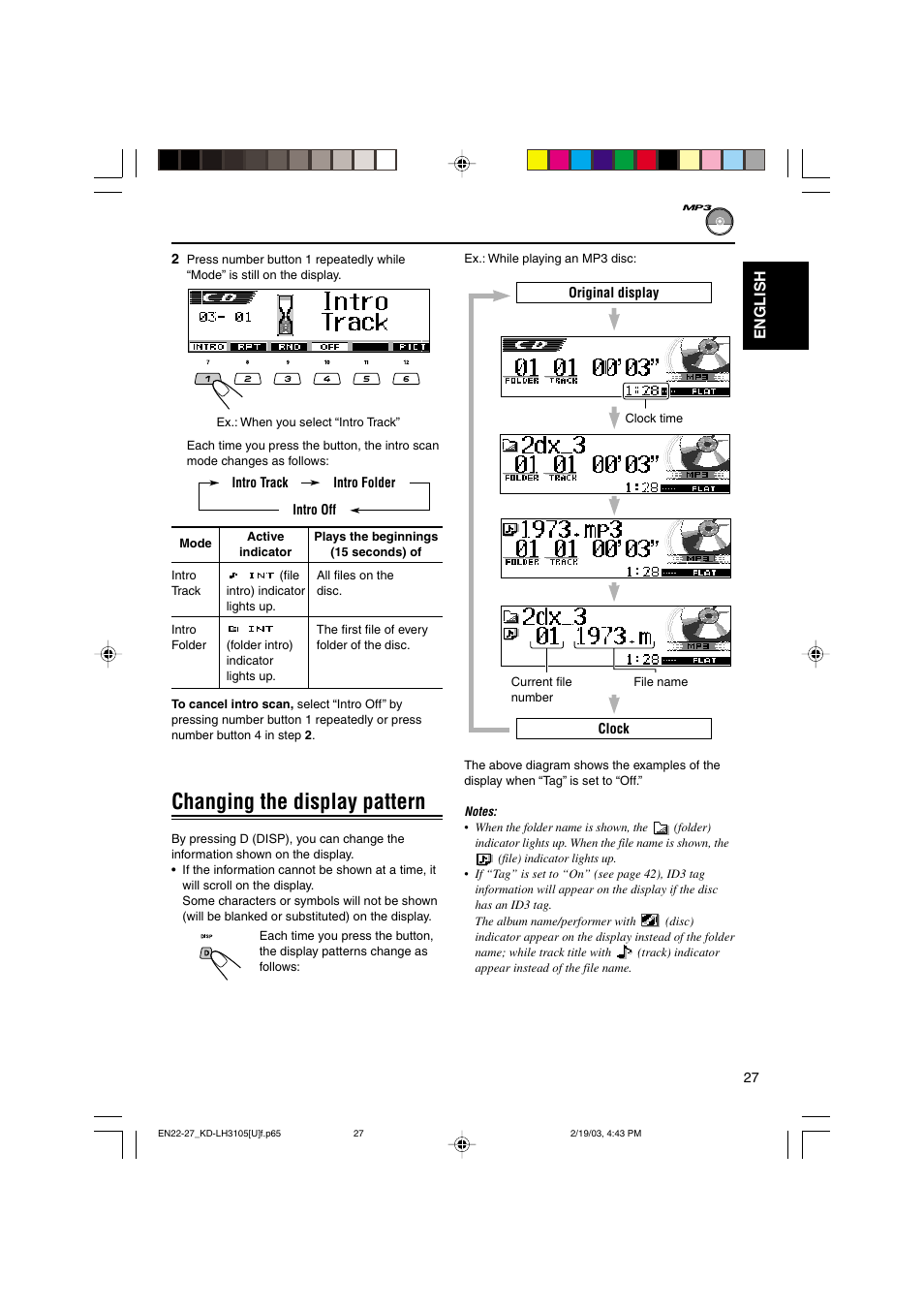 Changing the display pattern, English | JVC KD-LH3105 User Manual | Page 27 / 65