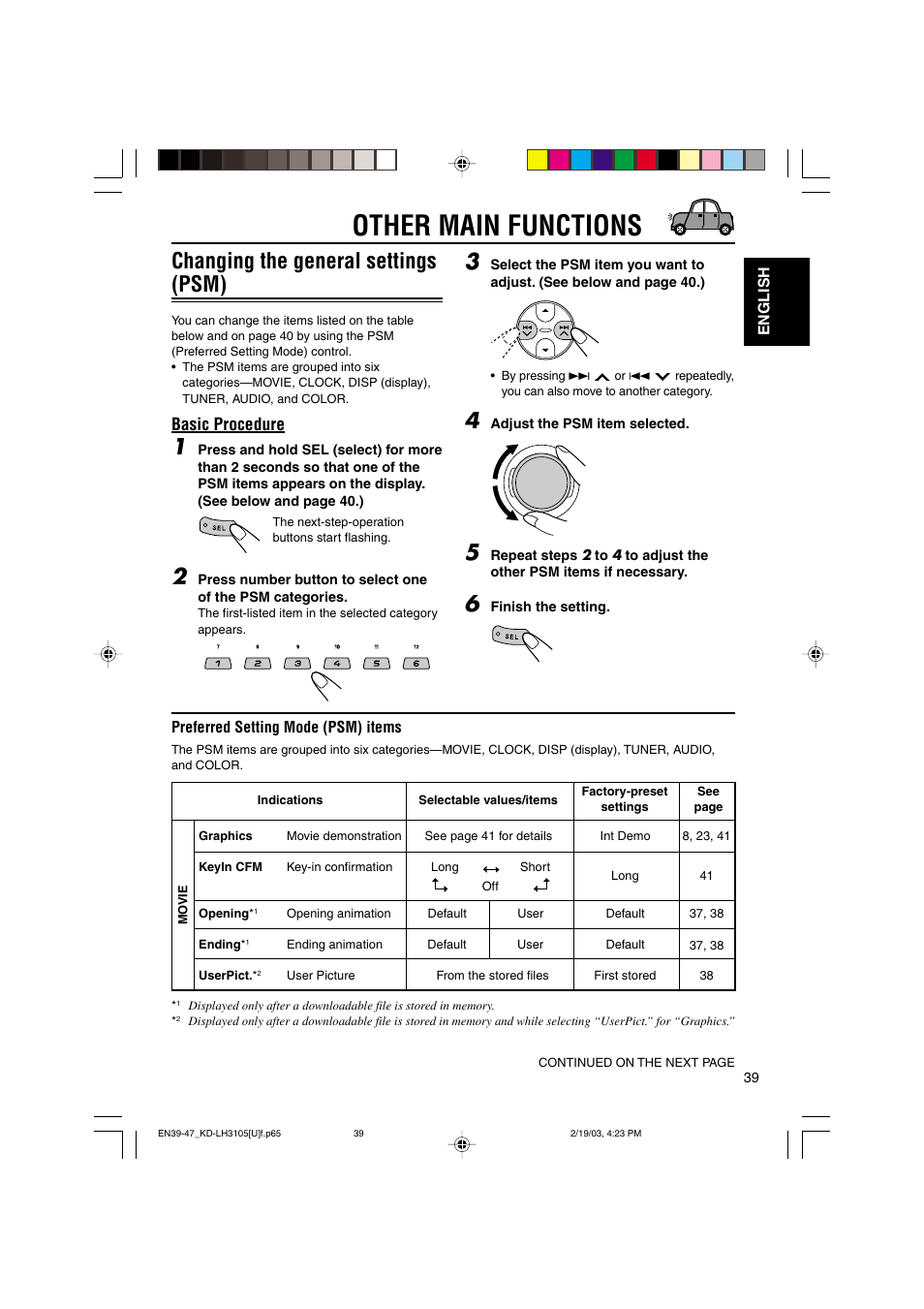 Other main functions, Changing the general settings (psm), Basic procedure | JVC KD-LH3105 User Manual | Page 39 / 65