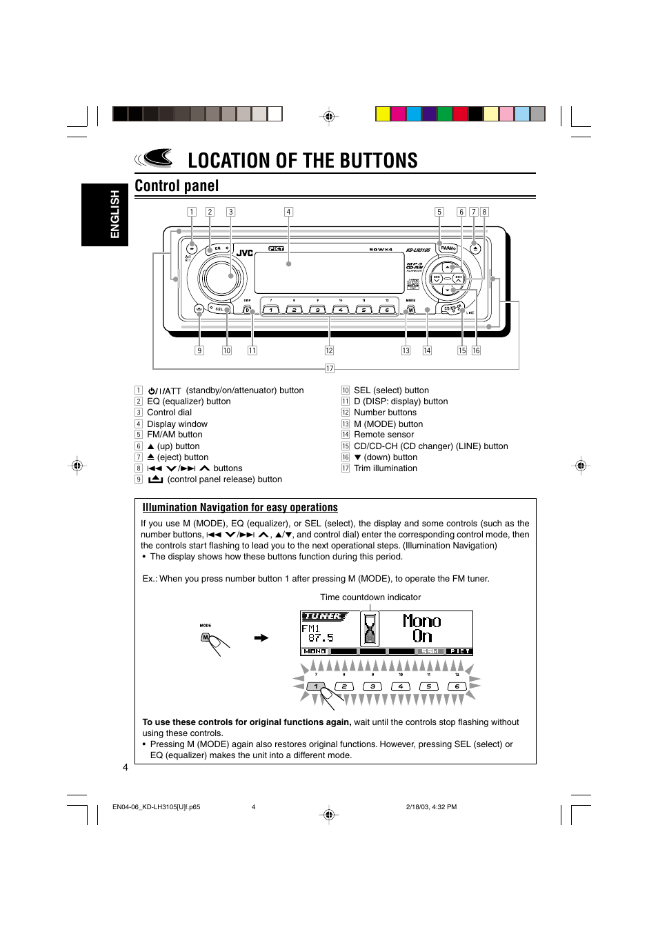 Location of the buttons, Control panel | JVC KD-LH3105 User Manual | Page 4 / 65
