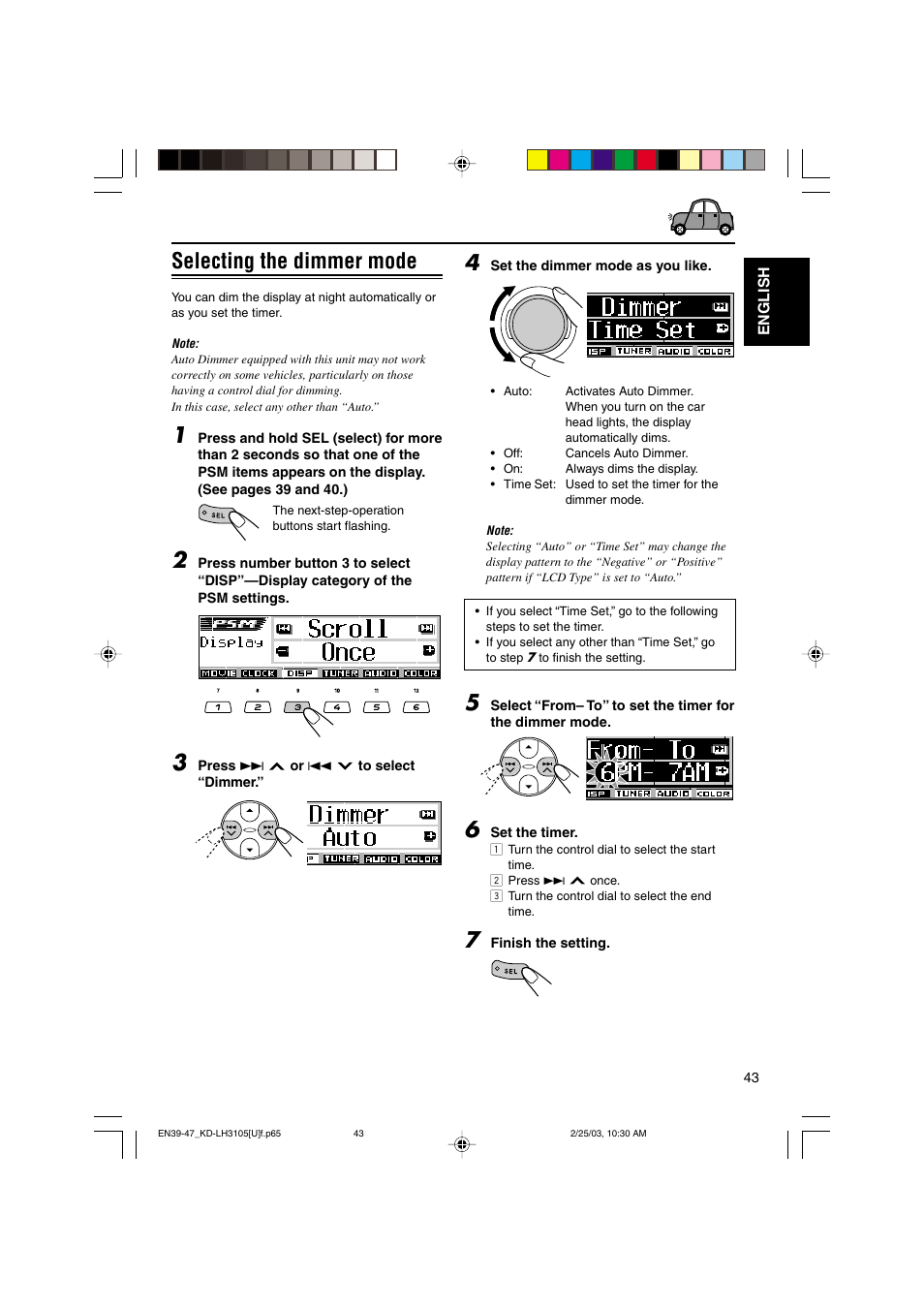 Selecting the dimmer mode | JVC KD-LH3105 User Manual | Page 43 / 65