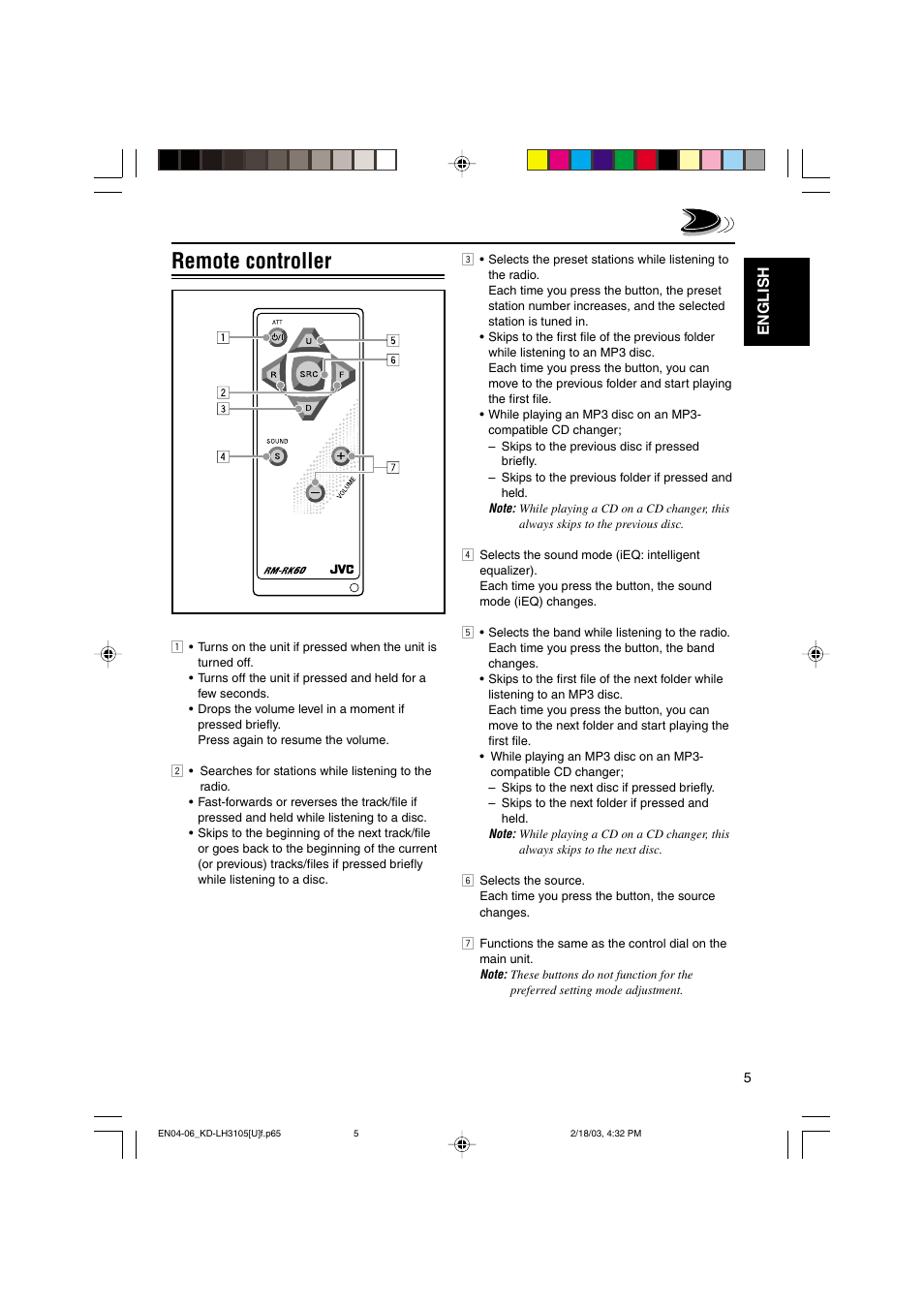 Remote controller, English | JVC KD-LH3105 User Manual | Page 5 / 65