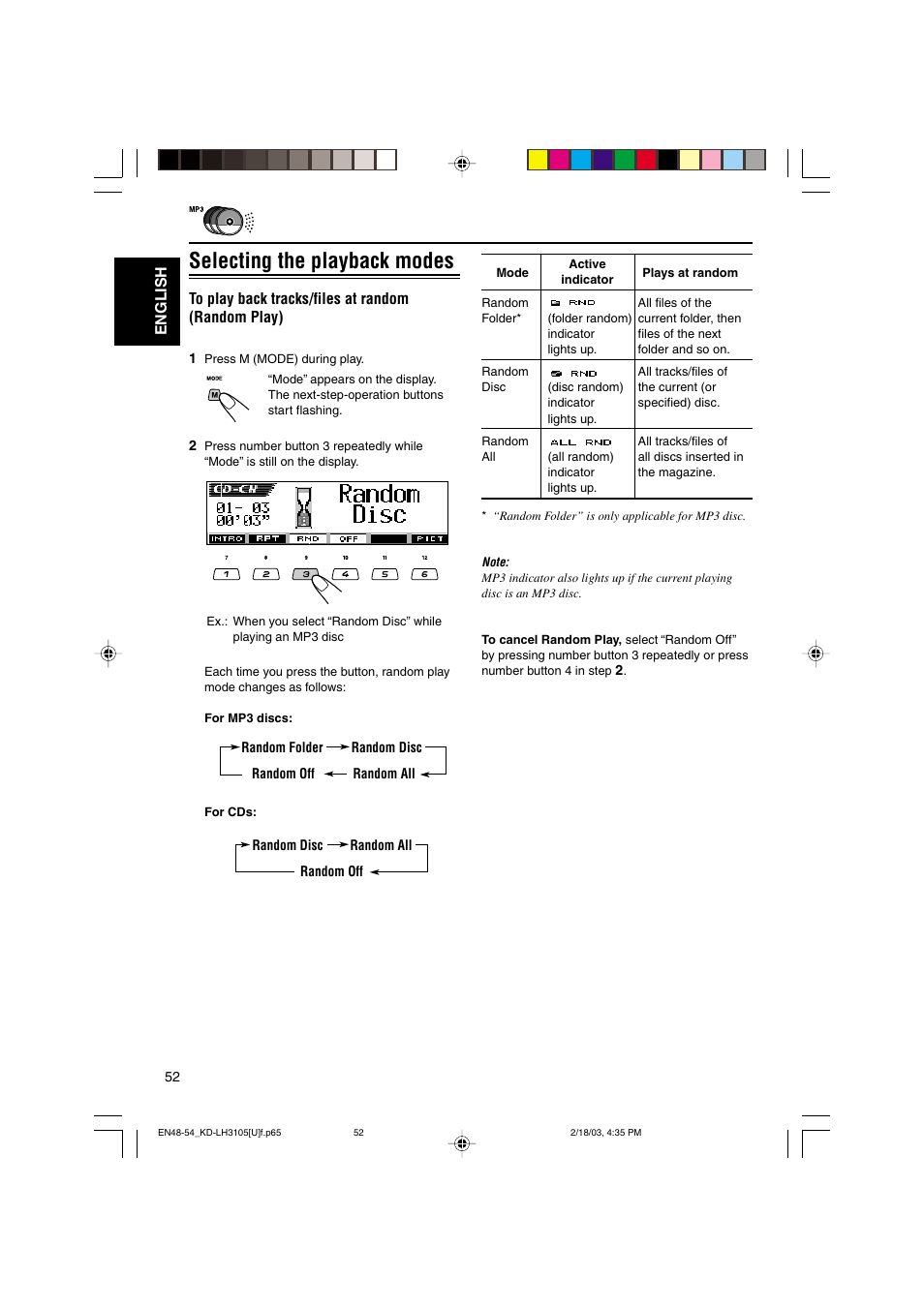 Selecting the playback modes | JVC KD-LH3105 User Manual | Page 52 / 65
