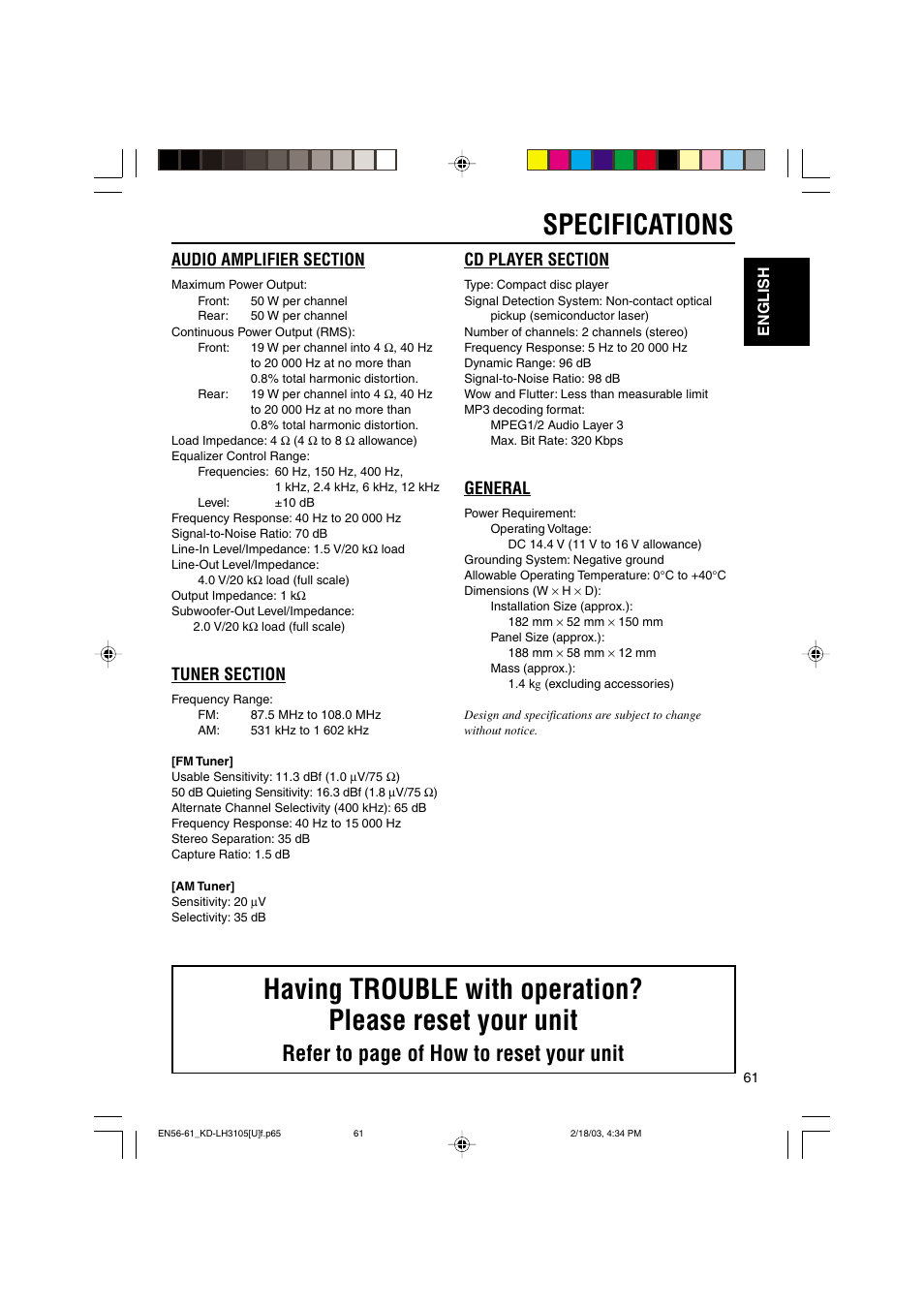 Specifications, Refer to page of how to reset your unit, General | JVC KD-LH3105 User Manual | Page 61 / 65
