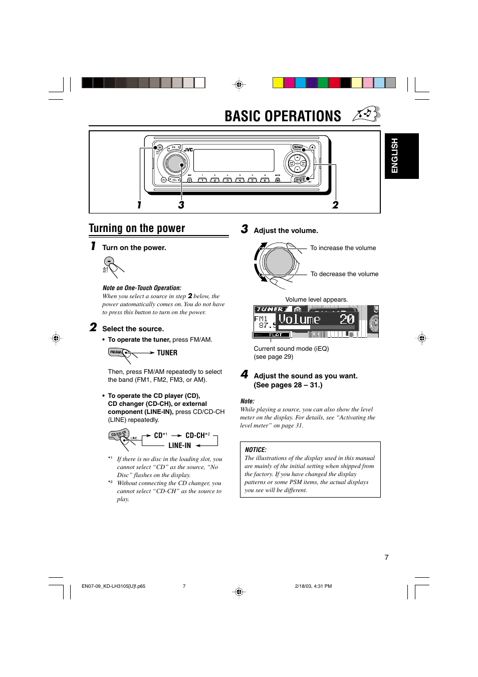 Basic operations, Turning on the power 1 | JVC KD-LH3105 User Manual | Page 7 / 65