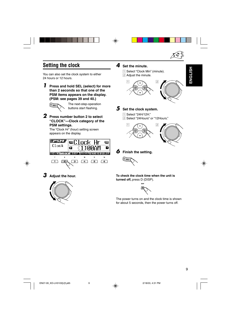 Setting the clock | JVC KD-LH3105 User Manual | Page 9 / 65