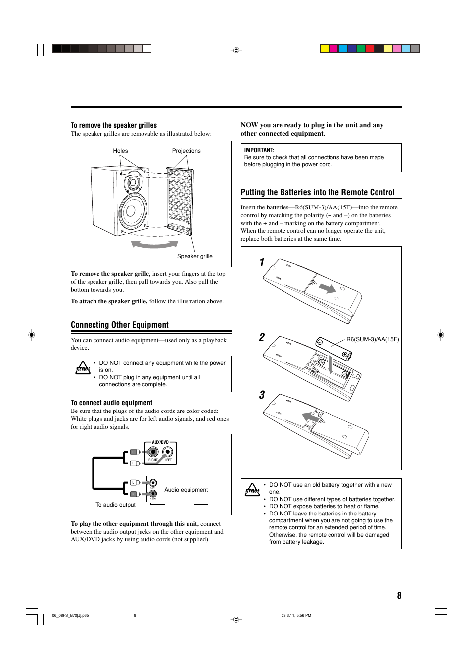 Connecting other equipment, Putting the batteries into the remote control | JVC CA-FSB70 User Manual | Page 11 / 70