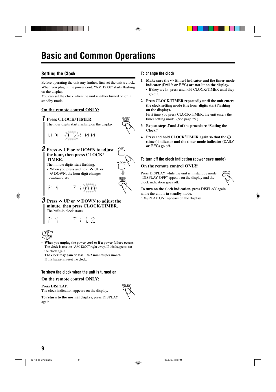 Basic and common operations, Setting the clock | JVC CA-FSB70 User Manual | Page 12 / 70