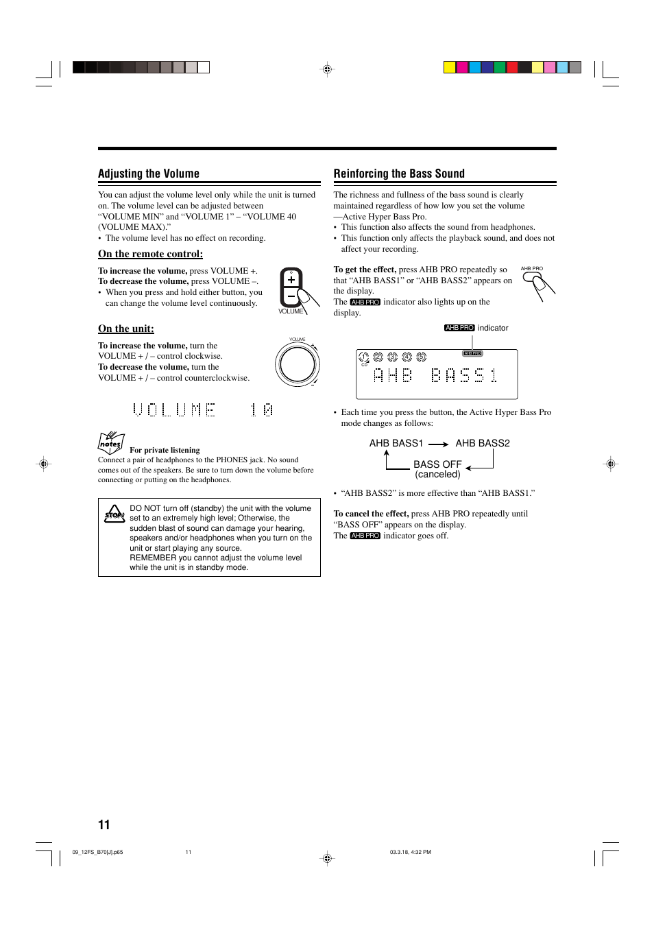 Reinforcing the bass sound, Adjusting the volume, On the remote control | On the unit | JVC CA-FSB70 User Manual | Page 14 / 70