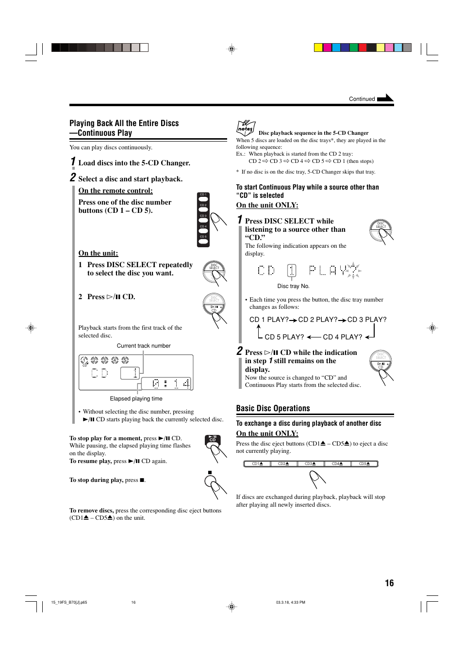 Playing back all the entire discs —continuous play, Basic disc operations | JVC CA-FSB70 User Manual | Page 19 / 70