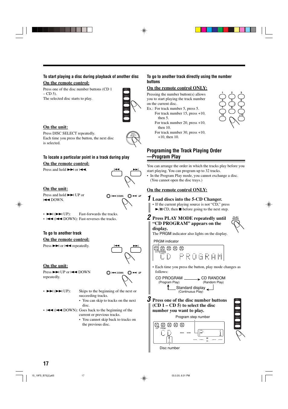 Programing the track playing order —program play, On the remote control, On the unit | On the remote control only, Load discs into the 5-cd changer | JVC CA-FSB70 User Manual | Page 20 / 70