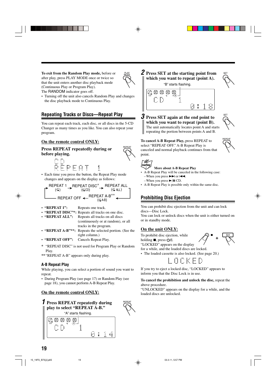 Prohibiting disc ejection, Repeating tracks or discs—repeat play | JVC CA-FSB70 User Manual | Page 22 / 70