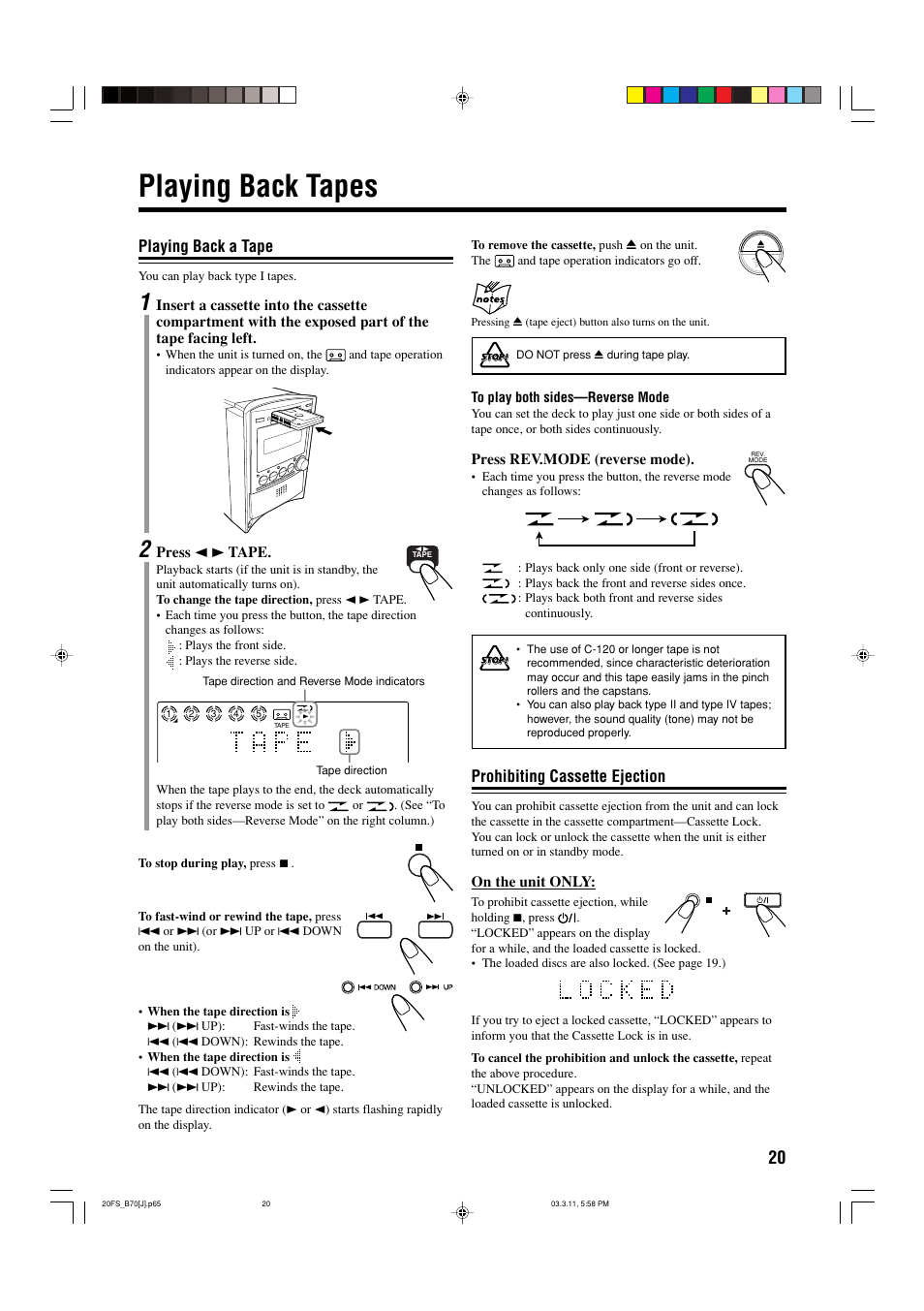 Playing back tapes, Prohibiting cassette ejection, Playing back a tape | JVC CA-FSB70 User Manual | Page 23 / 70