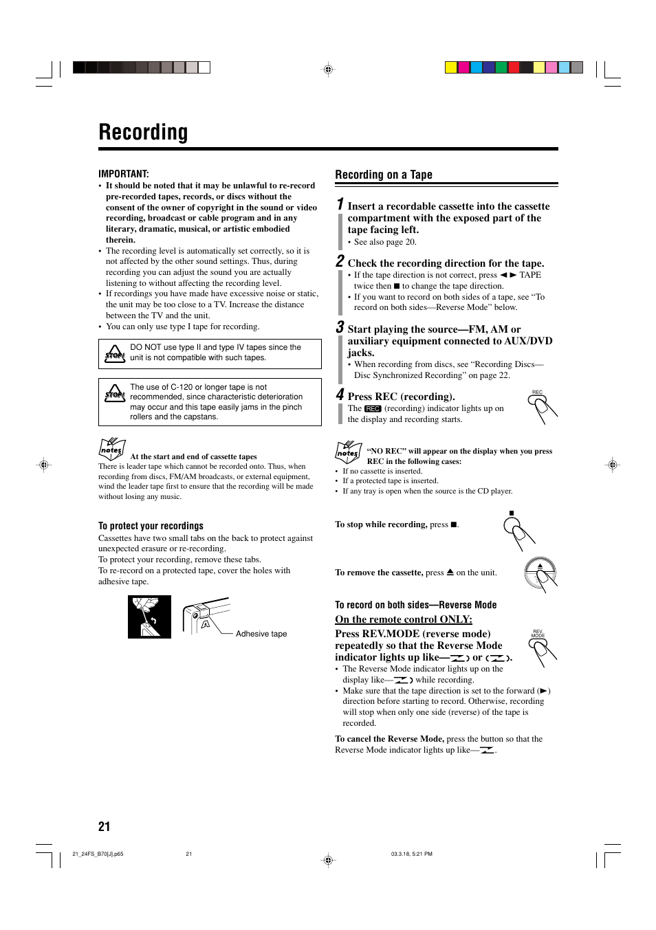 Recording, Recording on a tape | JVC CA-FSB70 User Manual | Page 24 / 70