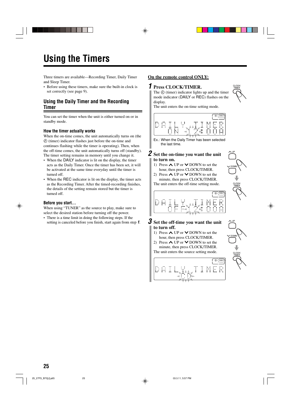 Using the timers, Using the daily timer and the recording timer | JVC CA-FSB70 User Manual | Page 28 / 70