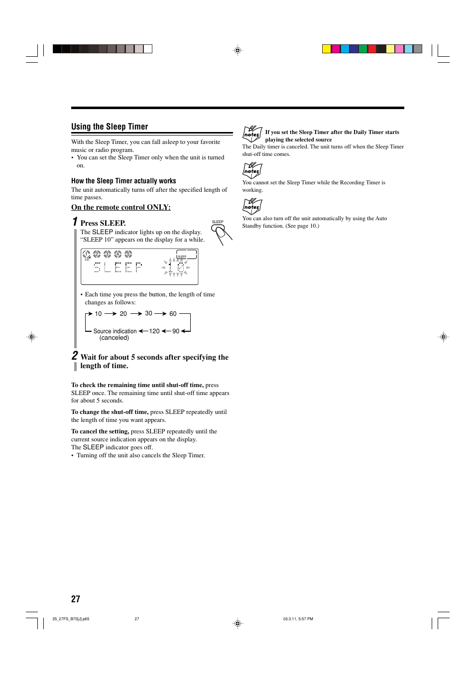 Using the sleep timer | JVC CA-FSB70 User Manual | Page 30 / 70