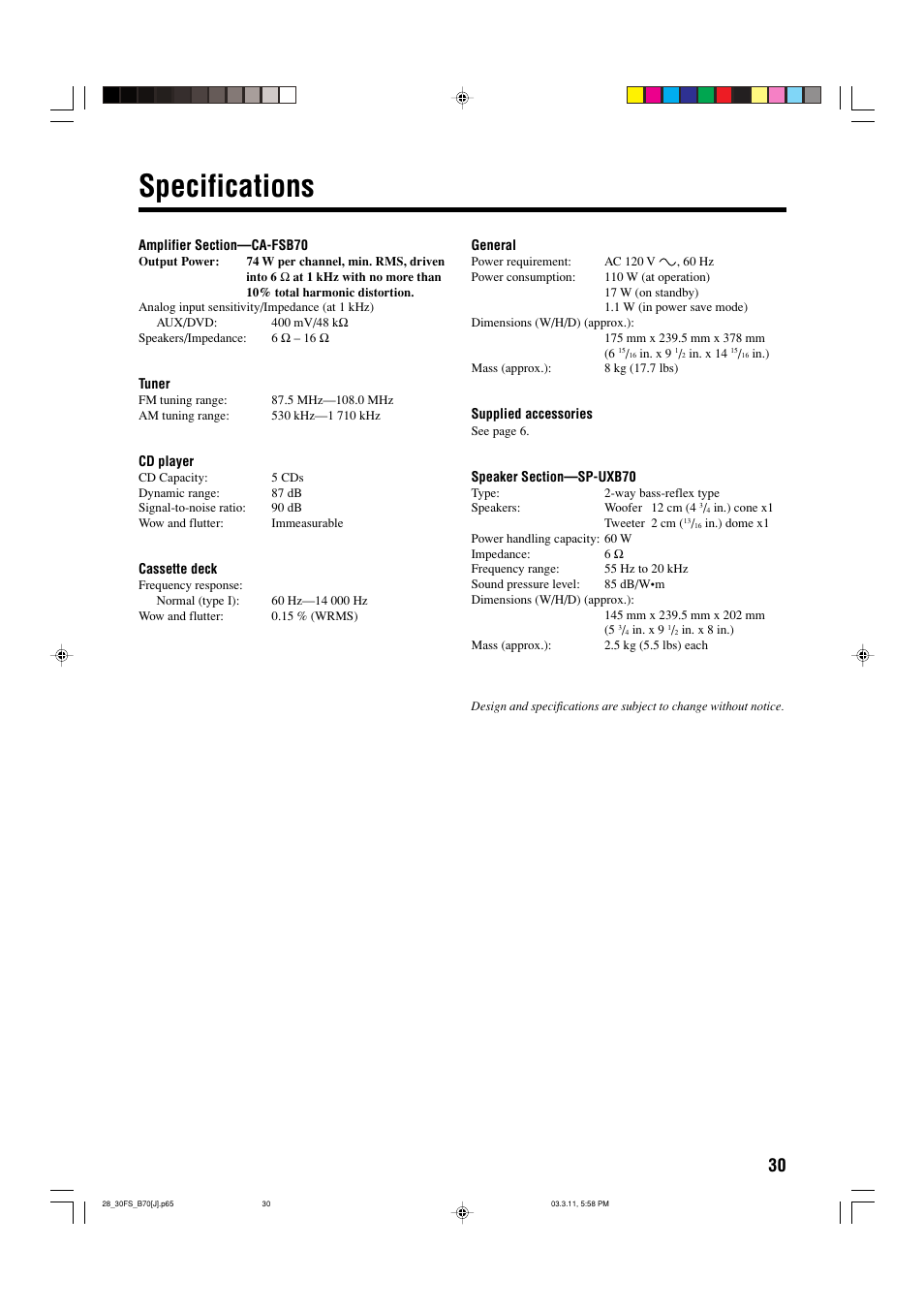 Specifications | JVC CA-FSB70 User Manual | Page 33 / 70