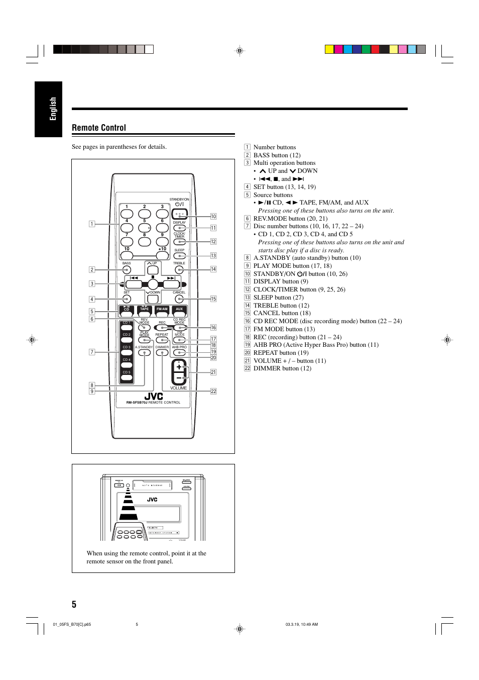 Remote control, English | JVC CA-FSB70 User Manual | Page 44 / 70