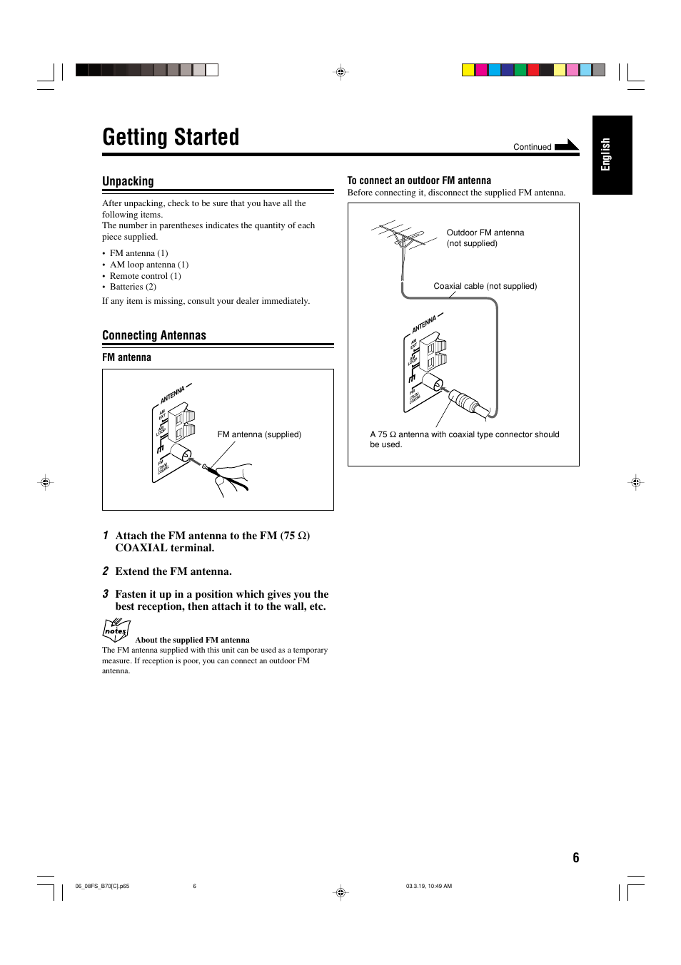 Getting started, Unpacking, Connecting antennas | English, Extend the fm antenna | JVC CA-FSB70 User Manual | Page 45 / 70