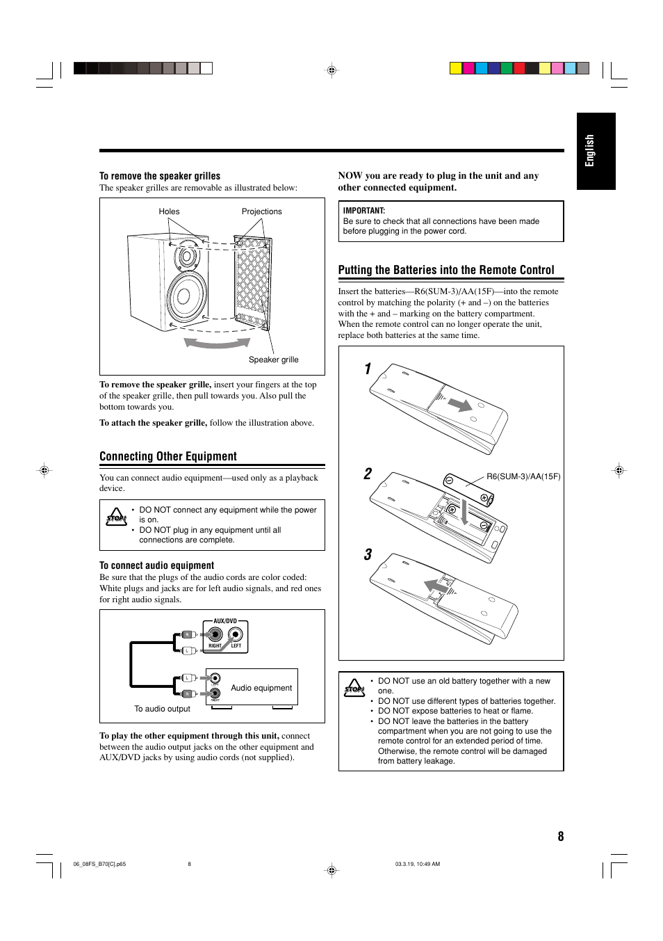 Connecting other equipment, Putting the batteries into the remote control | JVC CA-FSB70 User Manual | Page 47 / 70