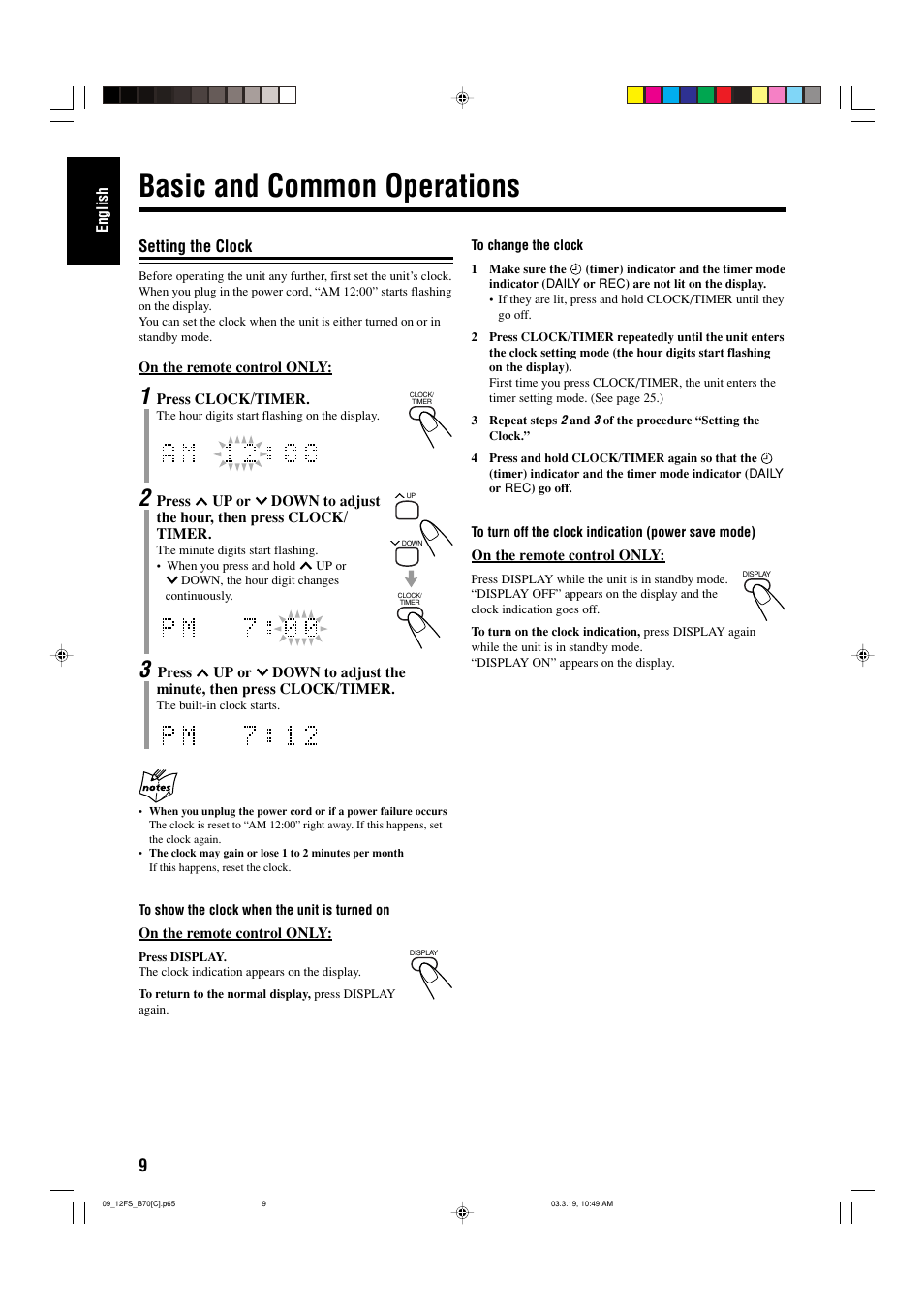 Basic and common operations, Setting the clock | JVC CA-FSB70 User Manual | Page 48 / 70