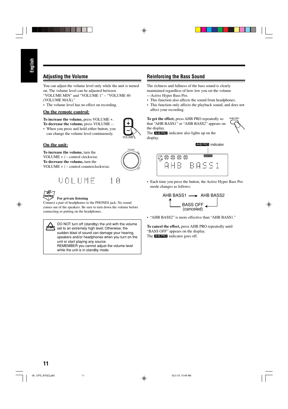 Reinforcing the bass sound, Adjusting the volume, English | On the remote control, On the unit | JVC CA-FSB70 User Manual | Page 50 / 70