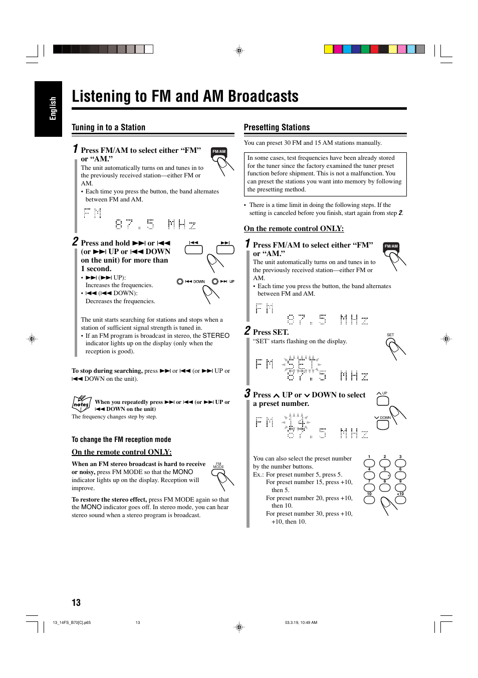 Listening to fm and am broadcasts, Tuning in to a station, Presetting stations | JVC CA-FSB70 User Manual | Page 52 / 70