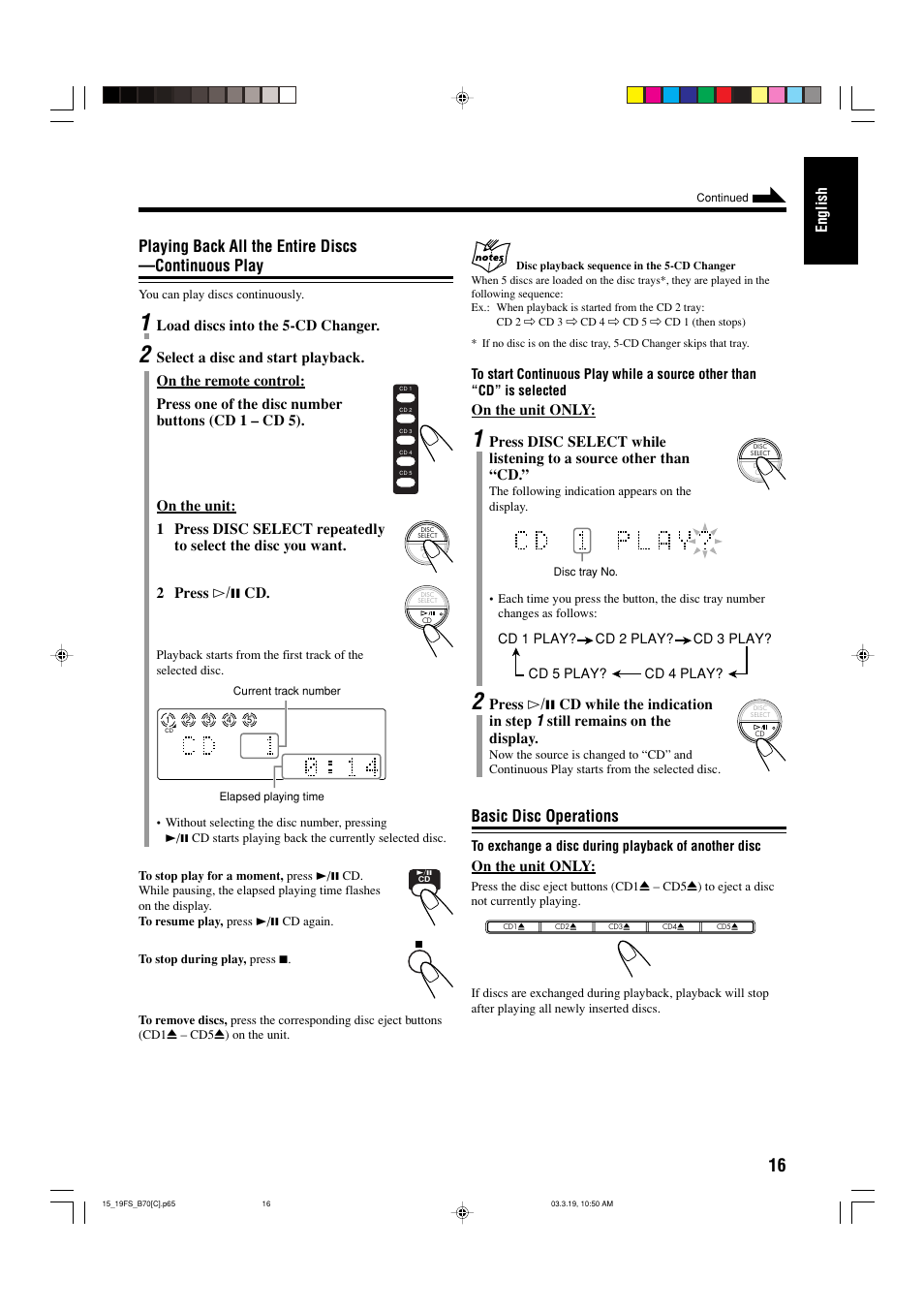 Playing back all the entire discs —continuous play, Basic disc operations | JVC CA-FSB70 User Manual | Page 55 / 70