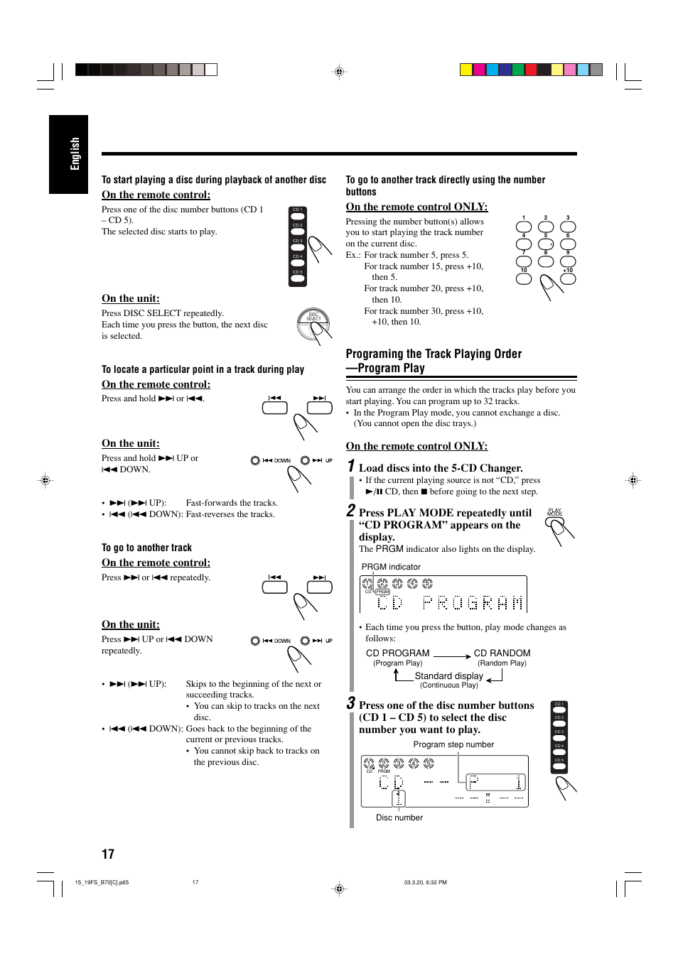 Programing the track playing order —program play, English, On the remote control | On the unit, On the remote control only, Load discs into the 5-cd changer | JVC CA-FSB70 User Manual | Page 56 / 70