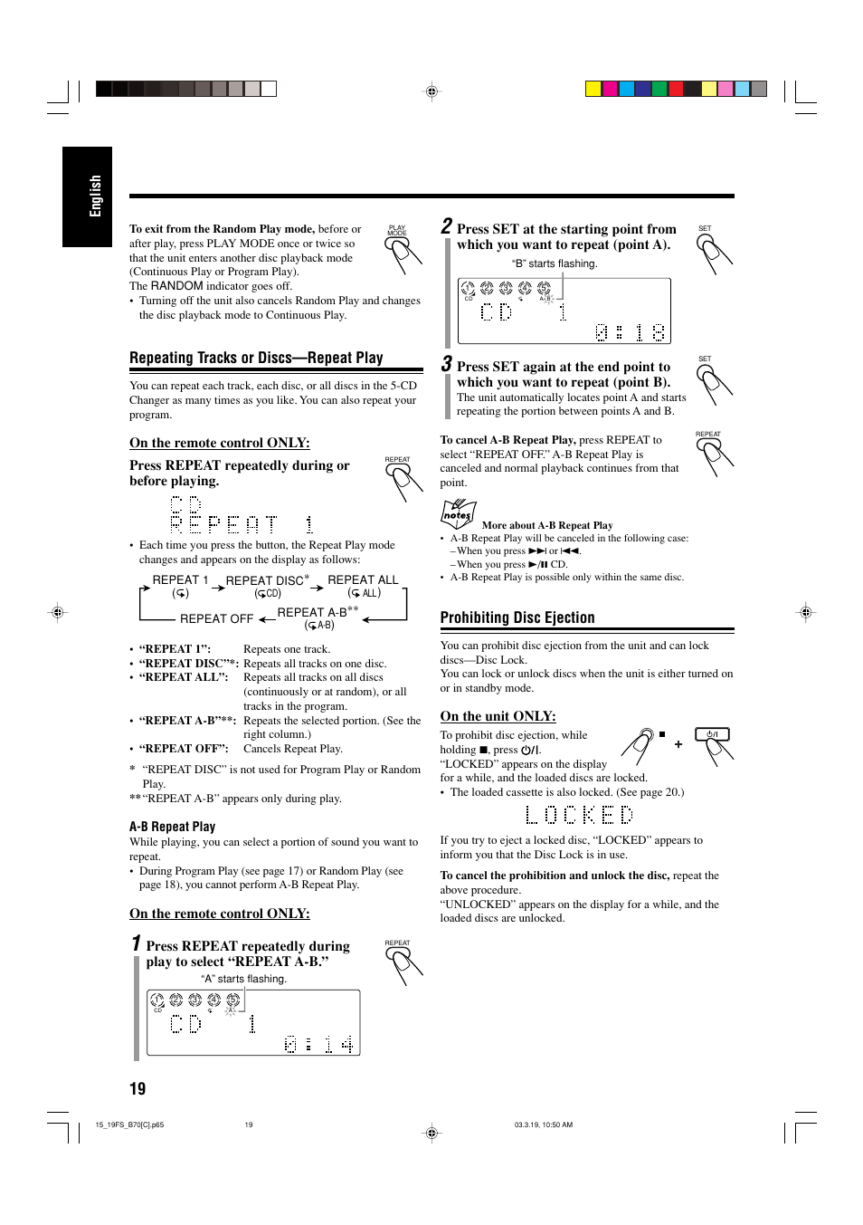 Prohibiting disc ejection, Repeating tracks or discs—repeat play | JVC CA-FSB70 User Manual | Page 58 / 70