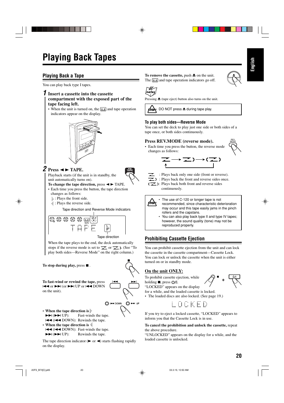 Playing back tapes, Prohibiting cassette ejection, Playing back a tape | JVC CA-FSB70 User Manual | Page 59 / 70