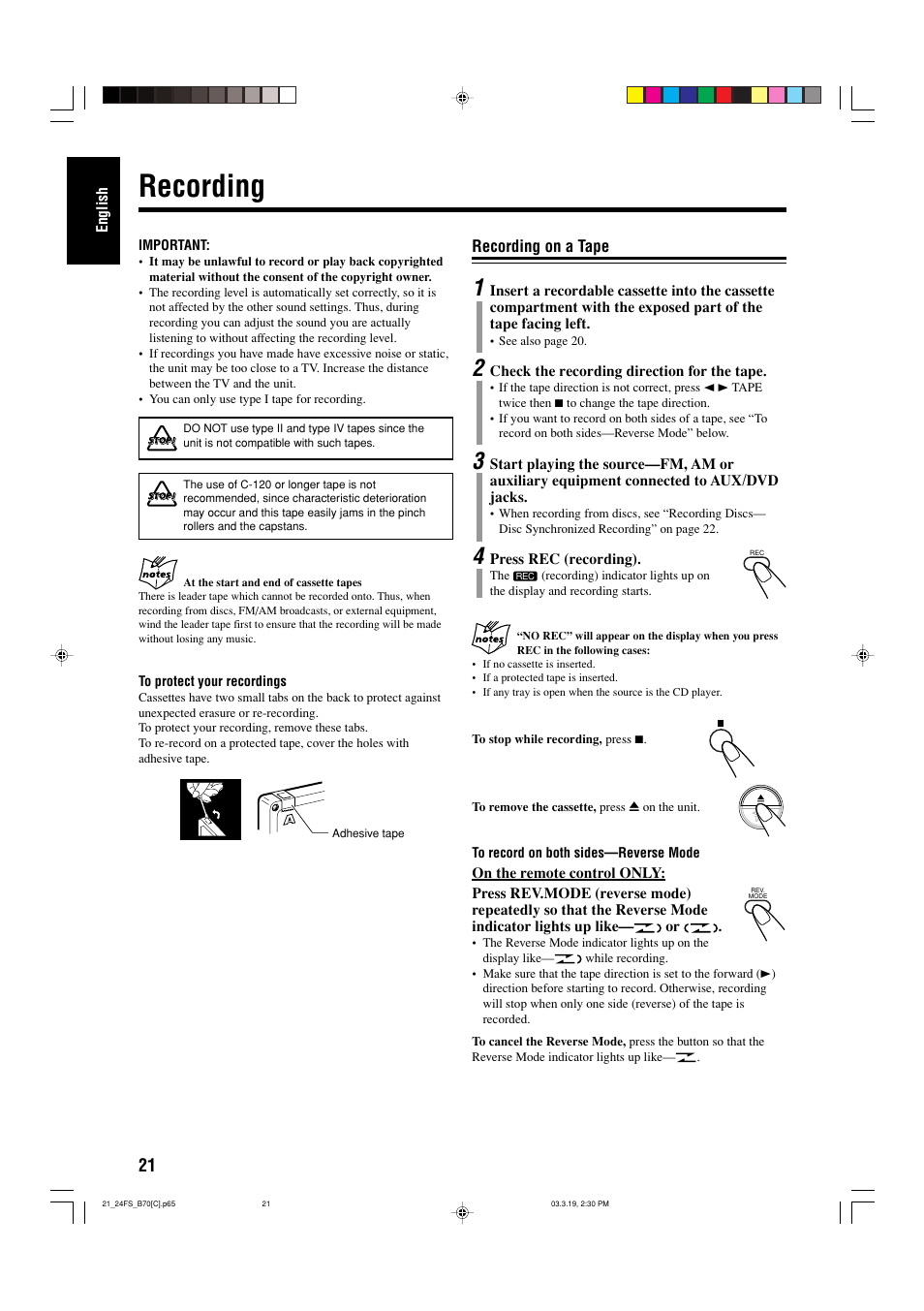 Recording, Recording on a tape | JVC CA-FSB70 User Manual | Page 60 / 70