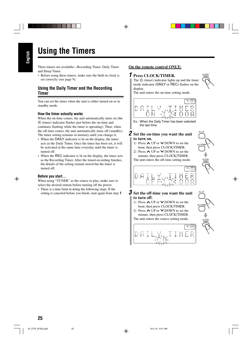 Using the timers, Using the daily timer and the recording timer | JVC CA-FSB70 User Manual | Page 64 / 70