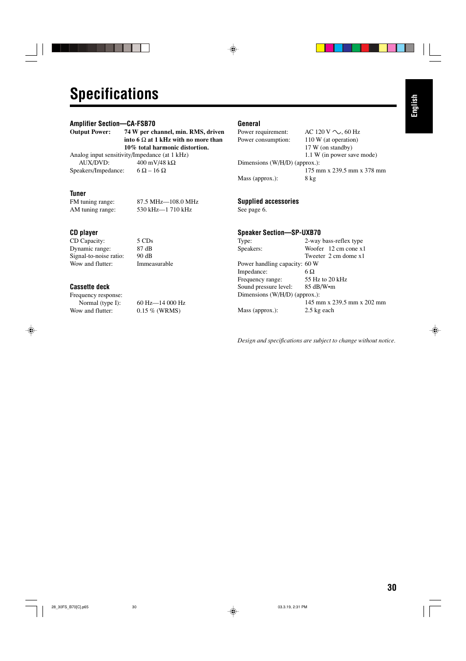 Specifications | JVC CA-FSB70 User Manual | Page 69 / 70