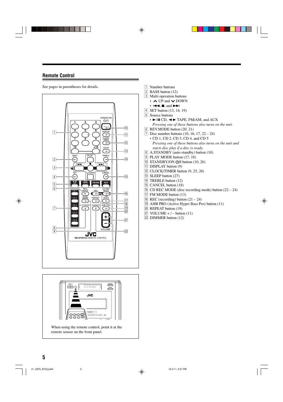 Remote control, See pages in parentheses for details | JVC CA-FSB70 User Manual | Page 8 / 70
