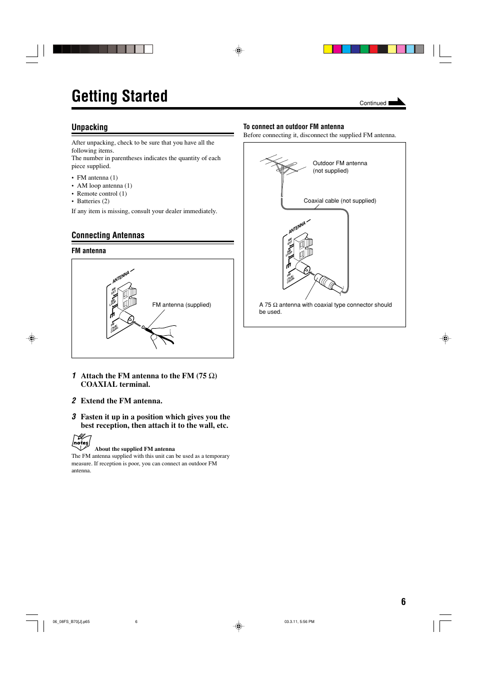 Getting started, Unpacking, Connecting antennas | Extend the fm antenna, Fm antenna | JVC CA-FSB70 User Manual | Page 9 / 70