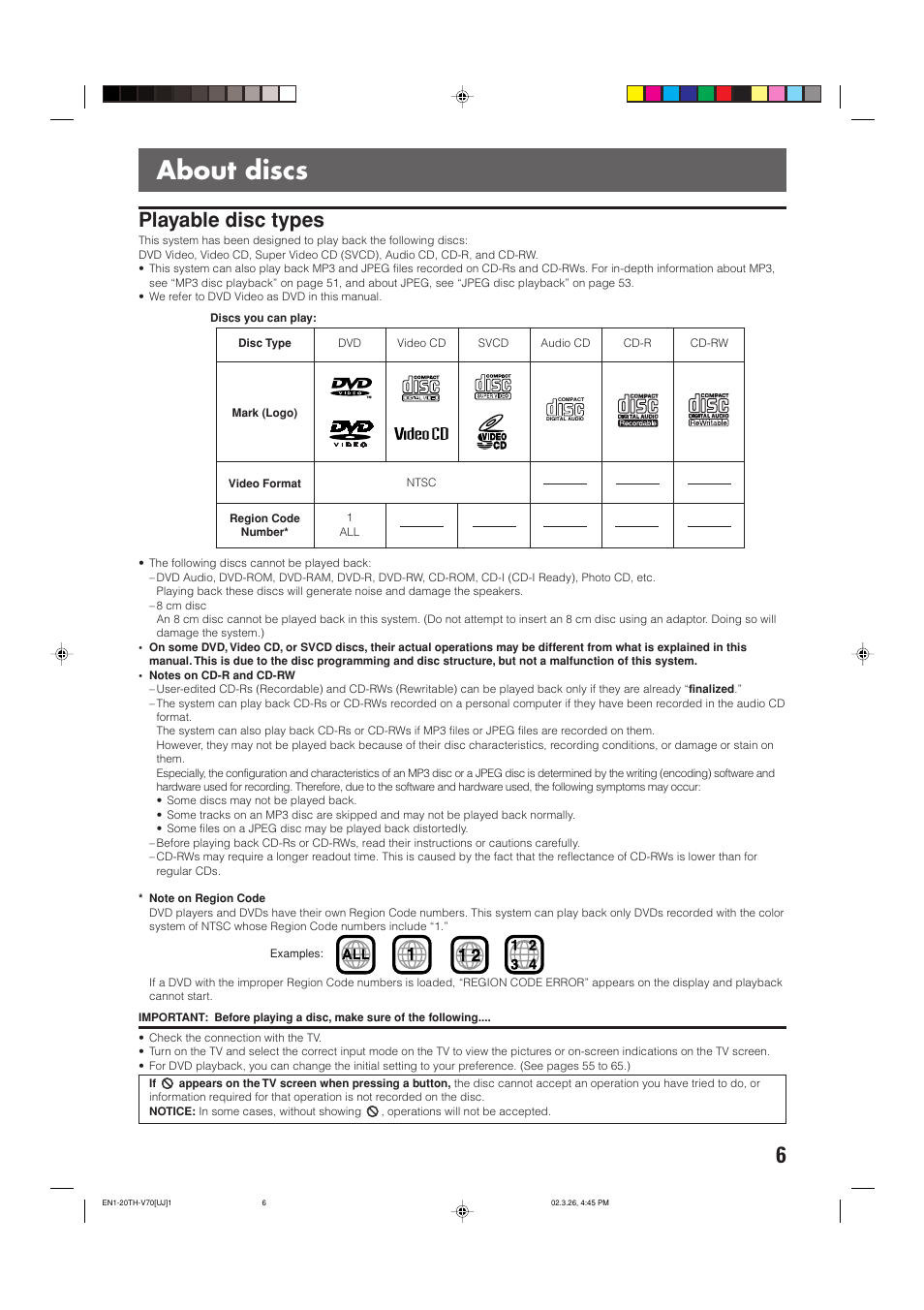 About discs, Playable disc types | JVC TH-V70 User Manual | Page 11 / 84