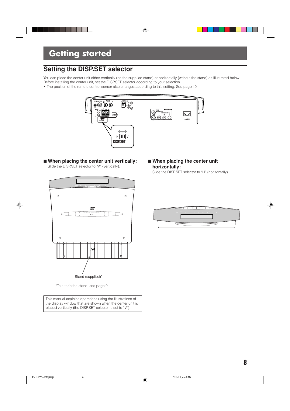 Getting started, Setting the disp.set selector, 7when placing the center unit vertically | 7when placing the center unit horizontally, Disp.set | JVC TH-V70 User Manual | Page 13 / 84